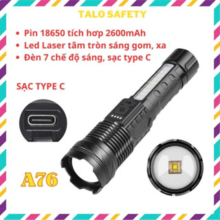 Đèn pin A76 pin 18650 tích hợp, led laser sáng xa và gom, sạc type C