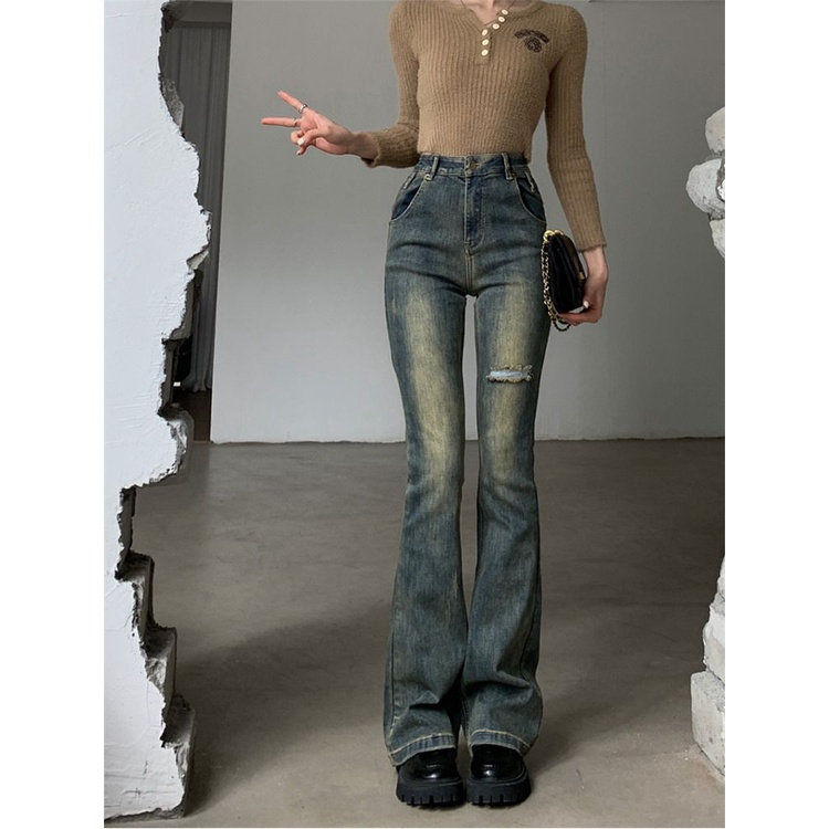 Quần Jeans Nữ Ống Loe , Quần Bò Nữ Ống Loe Xanh Cổ Điền Rách Gối GIRL Phố TL01