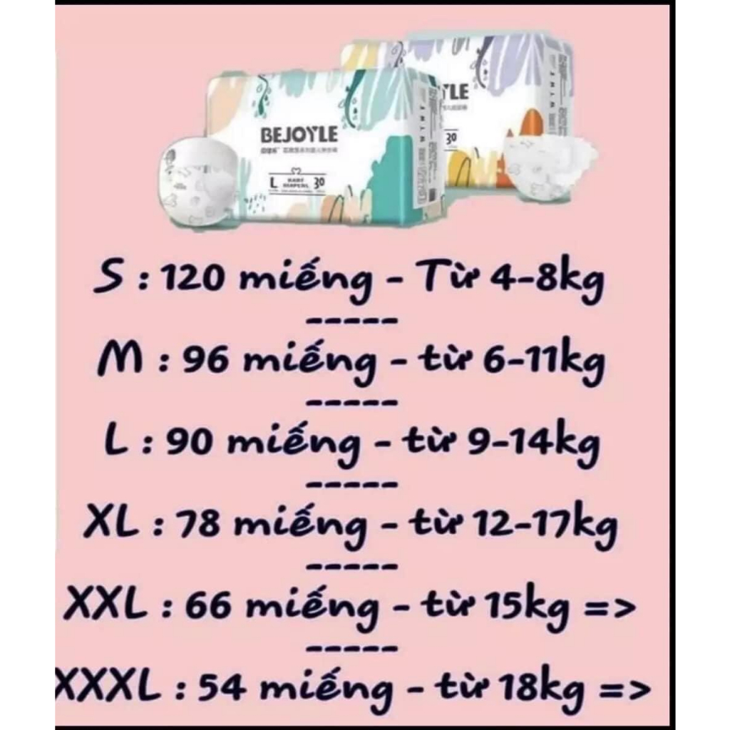 Bỉm Bejoyie dán/quần nội địa trung đủ size S120/M96/L90/XL78/XXL66/XXXL54