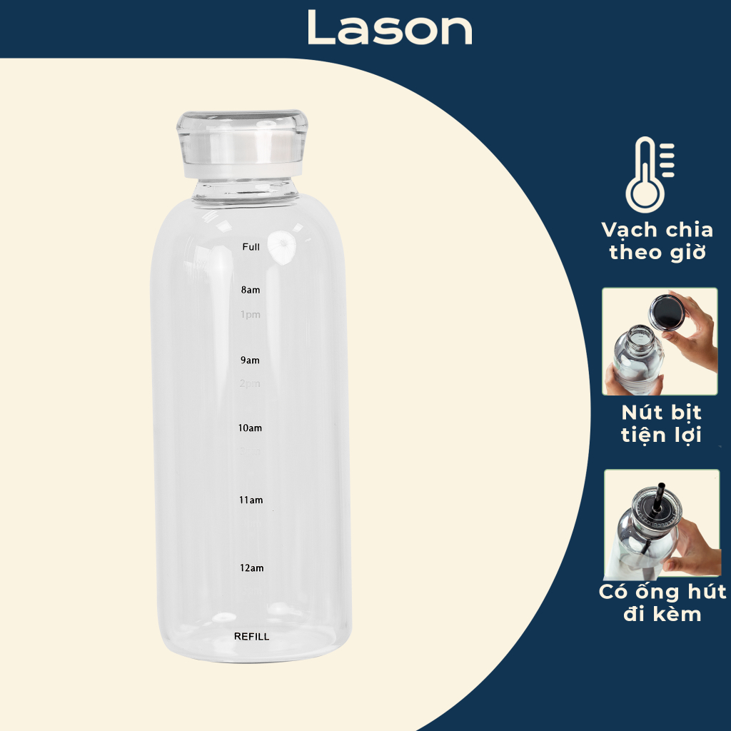 Bình nước thủy tinh trong suốt Timming, chia vạch theo ngày, có ống hút và nắp đậy BN-TT01