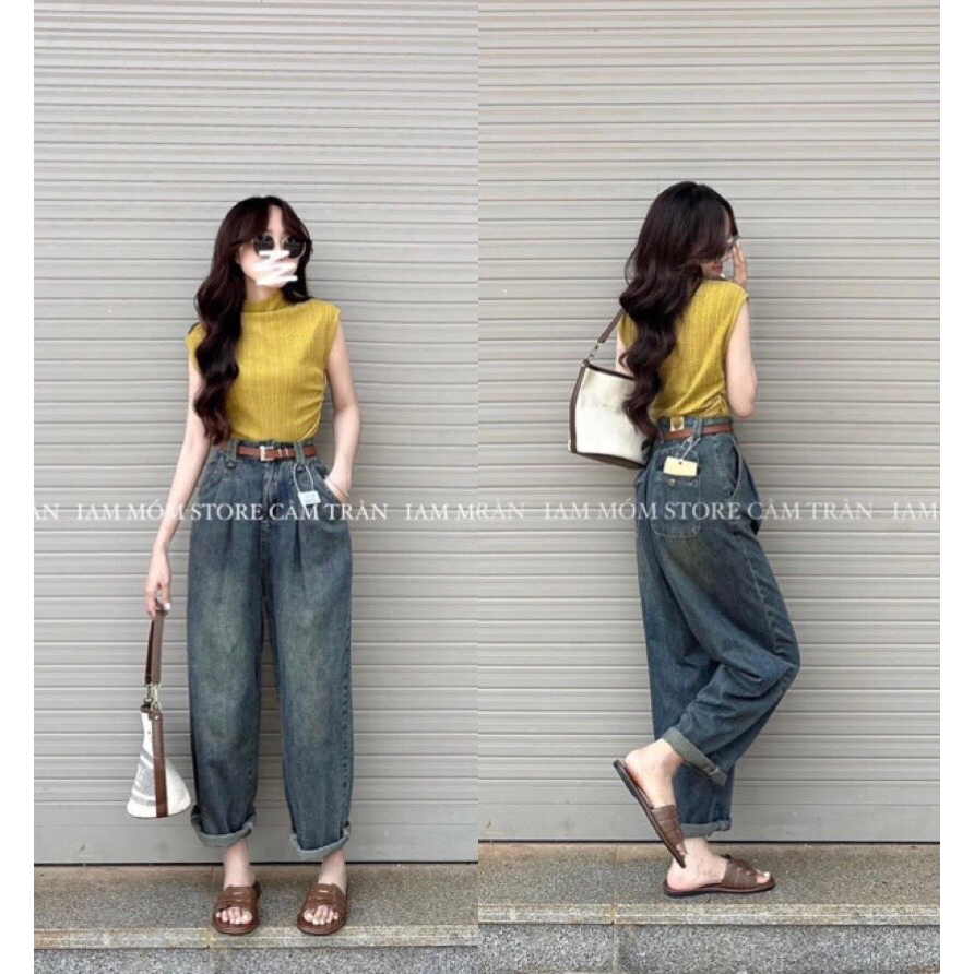 Quần jean bò baggy ống suông rộng xuông nữ jeans rin cạp cao