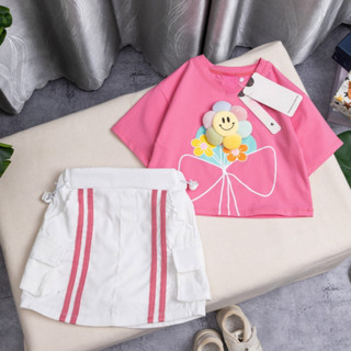 10kg- 38kg set váy áo thun cotton chân váy kaki kèm chip họa tiết bông hoa mặt cười xinh xắn