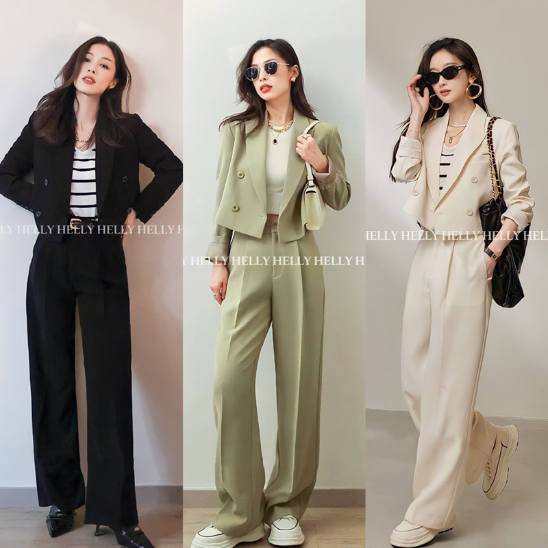 [CÓ BÁN LẺ] SET BLAZER CROPTOP DÀI TAY VẠT VUÔNG + QUẦN SUÔNG