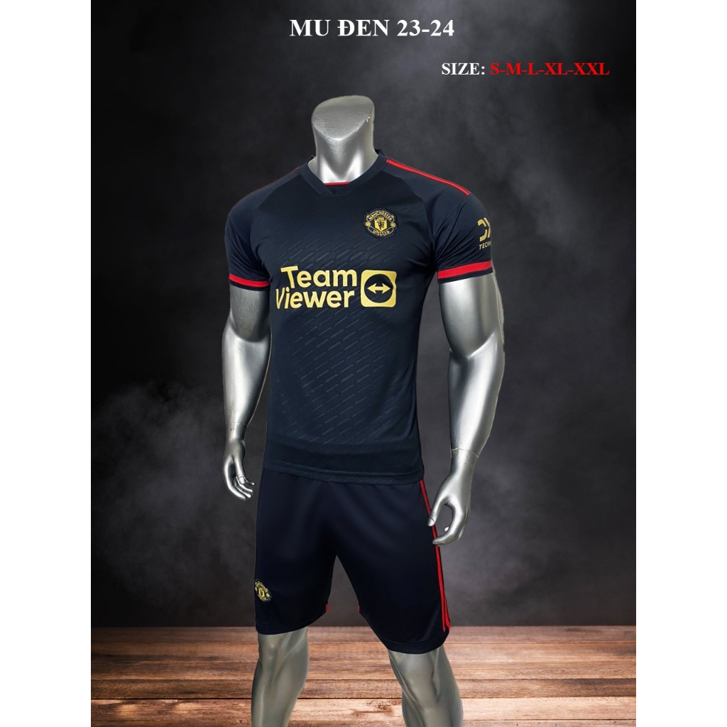 Bộ Quần Áo Đá Banh Manu Mu Sân Khách 2023-2024 Màu Đen logo thêu thun lạnh cao cấp  A1