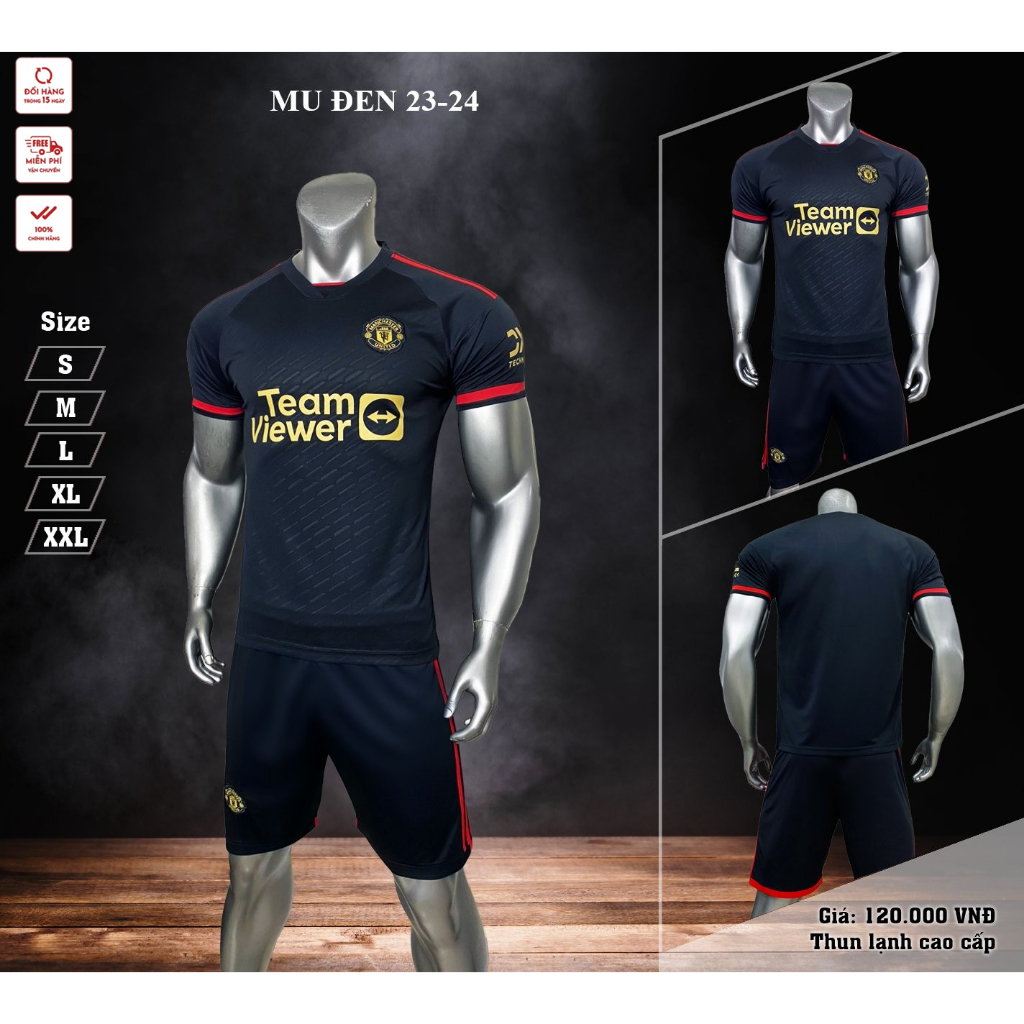 Bộ Quần Áo Đá Banh Manu Mu Sân Khách 2023-2024 Màu Đen logo thêu thun lạnh cao cấp  A1