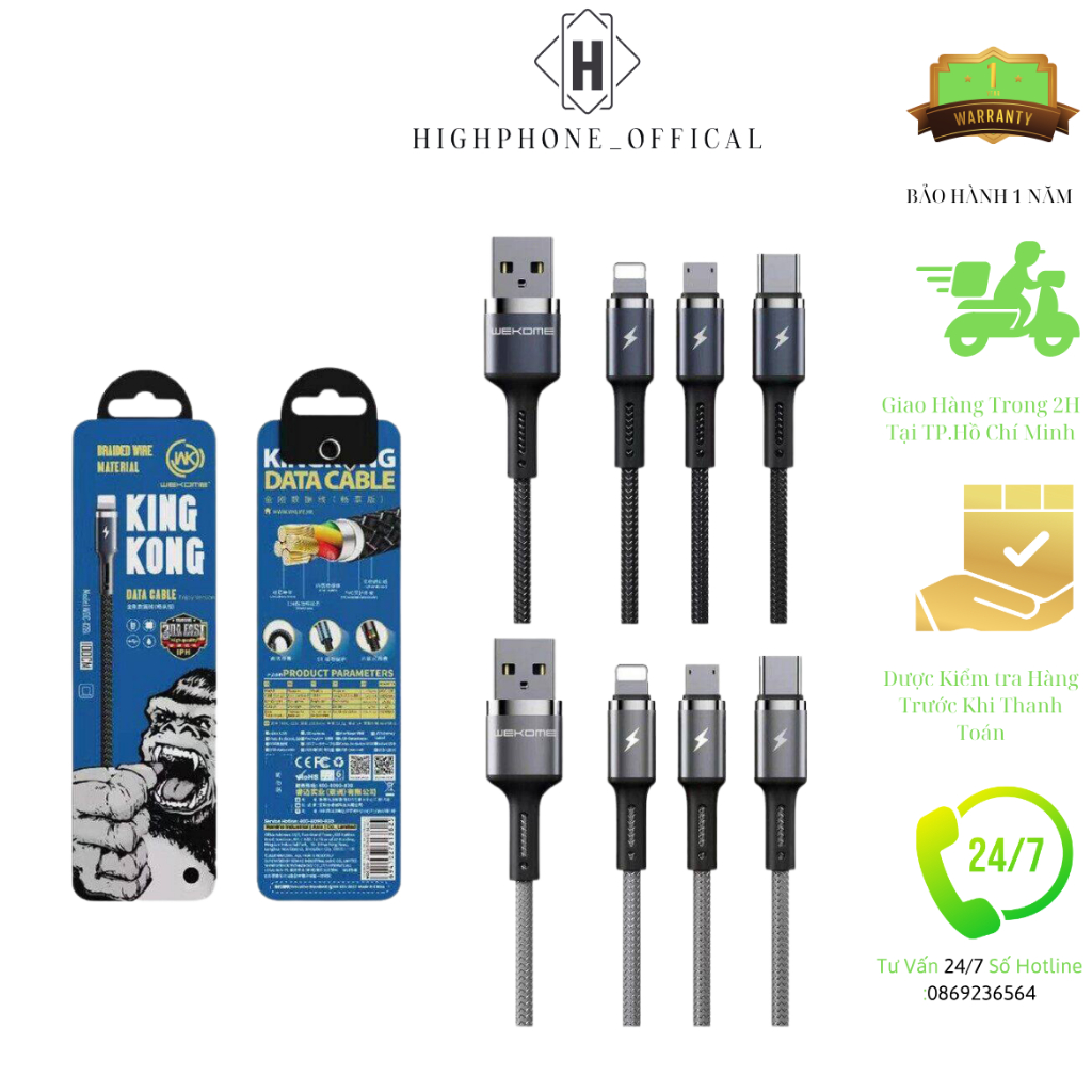 Cáp sạc Kinhkong Bọc Dù Chính hãng WK Hỗ Trợ Sạc Nhanh Chống Nóng Máy Bảo Hành Chính Hãng