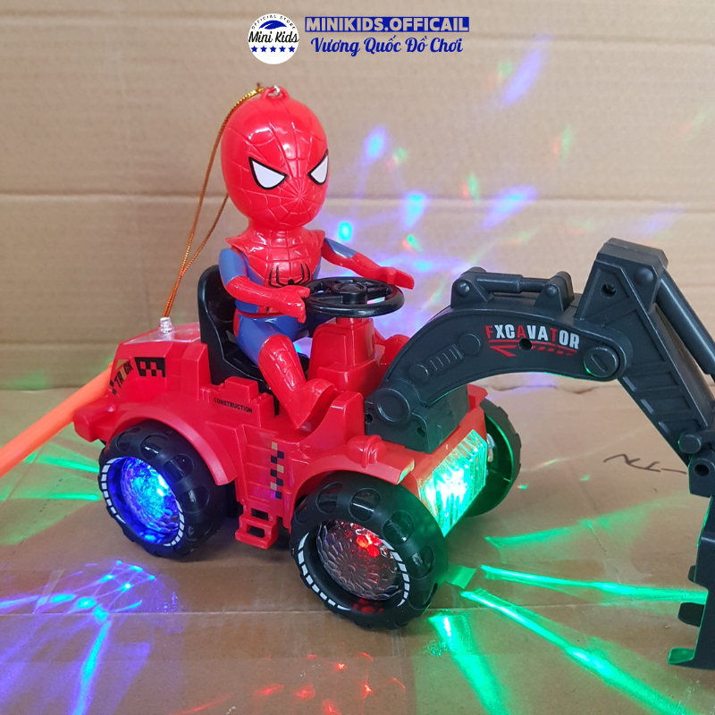 Đồ chơi Người Nhện Spirder Man lái xe Múc, xe Ủi ( tặng kèm pin ) có cán treo, đèn và nhạc vui nhộn - Đồ chơi MiniKids