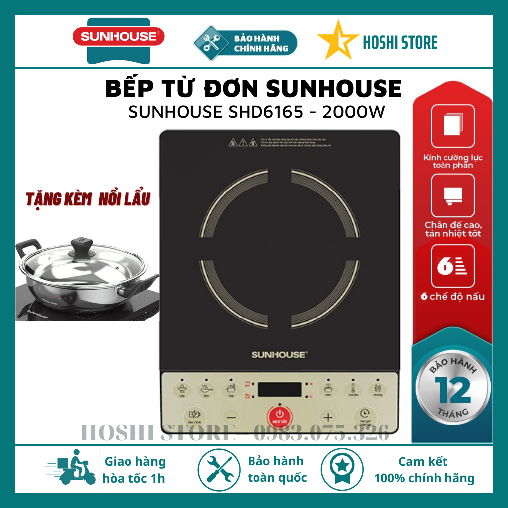 [TẶNG KÈM NỒI LẨU] Bếp từ đơn chính hãng Sunhouse SHD6165, công suất 2000W, 6 chế độ nấu, bảo hành 12 tháng