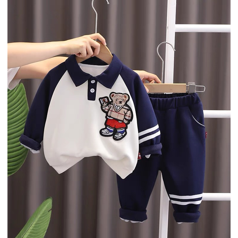 Bộ thu đông bé trai , bộ quần áo cổ trụ da cá tàu họa tiết chú gấu cho bé trai