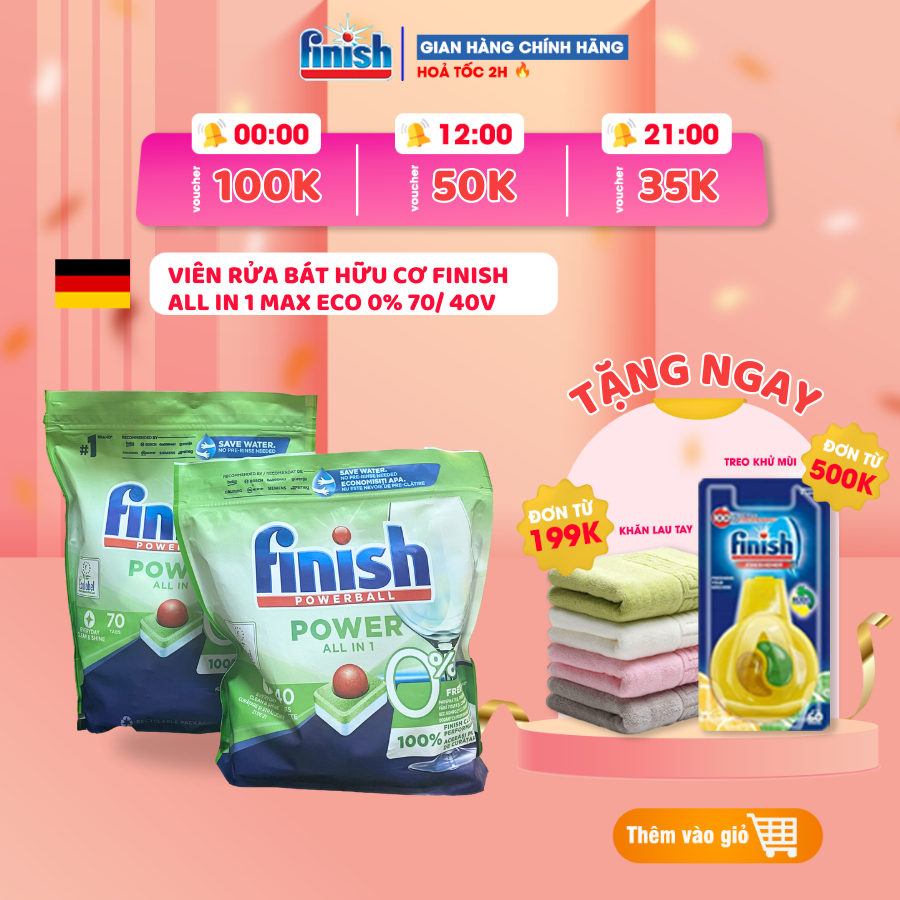 Viên rửa bát chén hữu cơ Finish All in 1 max ECO 0% size 70/ 40 viên an toàn, lành tính