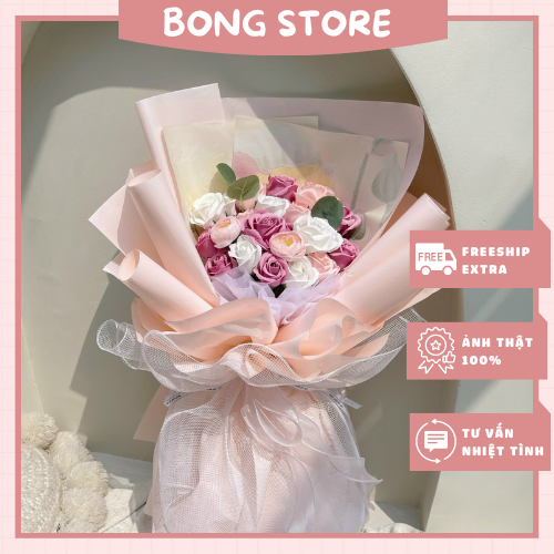 Bó hoa hồng sáp mix hoa mao lương và hoa sáp 7 lớp cao cấp tone 19 bông làm quà tặng sinh nhật