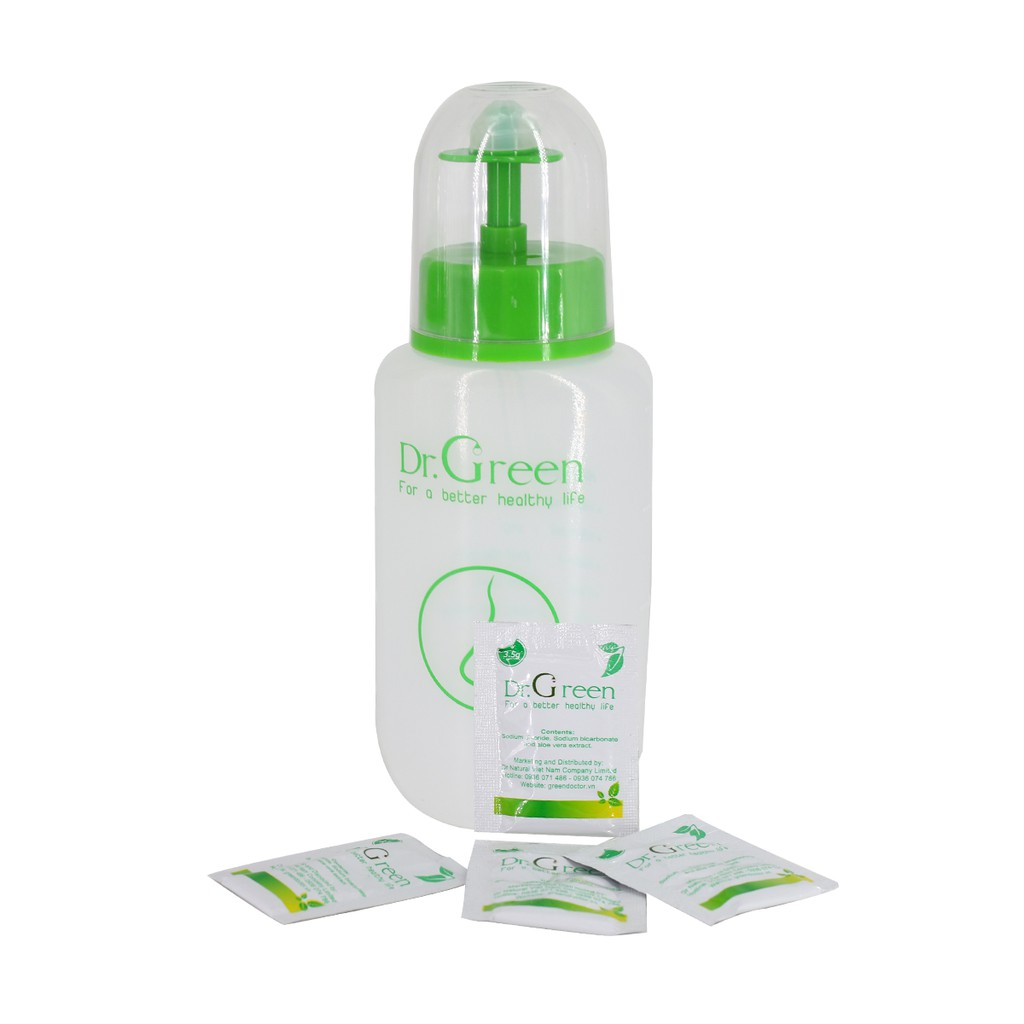 Bình rửa mũi Dr.Green chính hãng, Đầu rửa silicon, 1 bình kèm 10 gói muối biển,hỗ trợ viêm mũi xoang