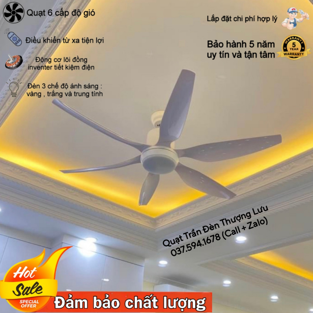 Quạt Trần Đèn, Quạt Trần 6 Cánh K264, 6 Cấp Độ Gió, 3 Chế Độ Đèn, Điều Khiển Từ Xa