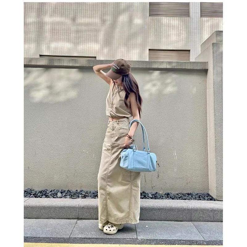 Áo 3 lỗ mũ + chân váy midi cago túi hộp thô gió Zara xuất A245 C041