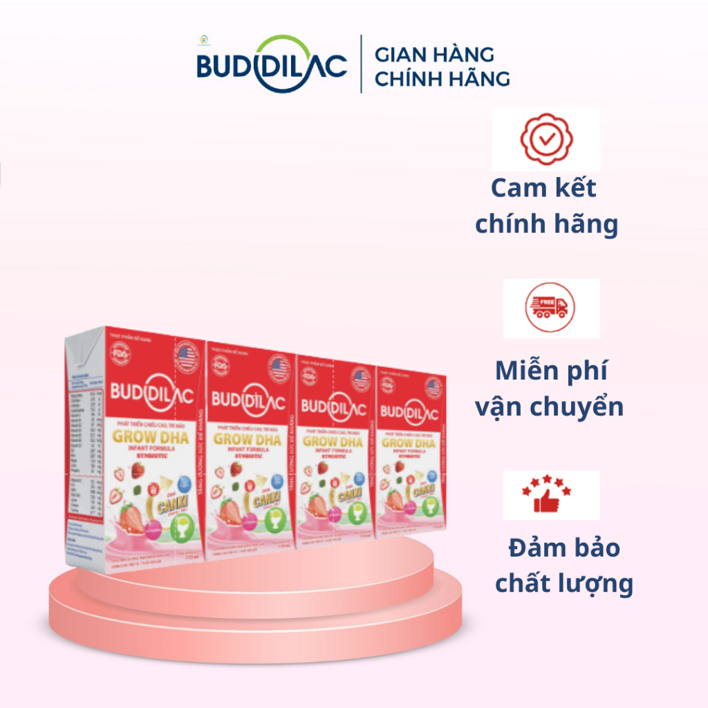 Lốc 4 hộp sữa bột pha sẵn Buddilac Grow DHA phát triển chiều cao trí não 110 ml