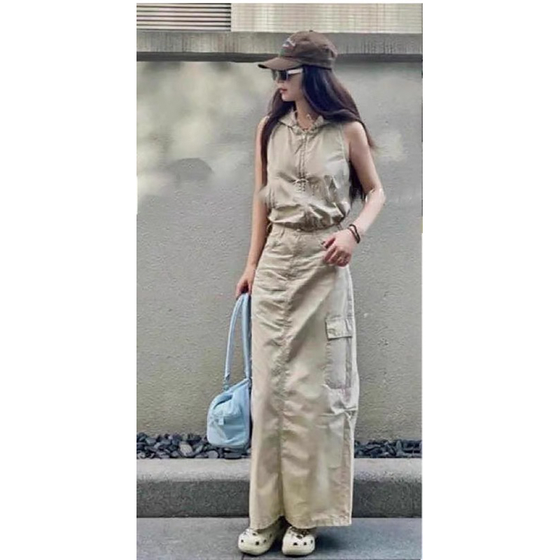Áo 3 lỗ mũ + chân váy midi cago túi hộp thô gió Zara xuất A245 C041