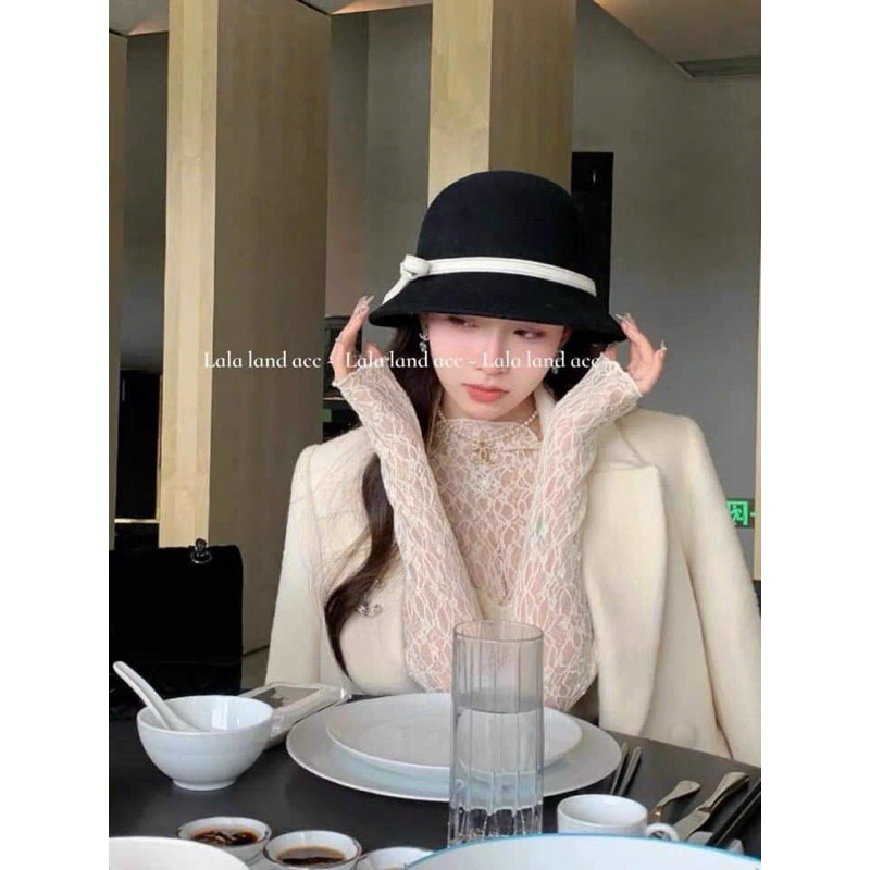 Mũ dạ ép nơ kẻ tiểu thư phong cách Vintage mẫu mới nhất mùa đông 2023