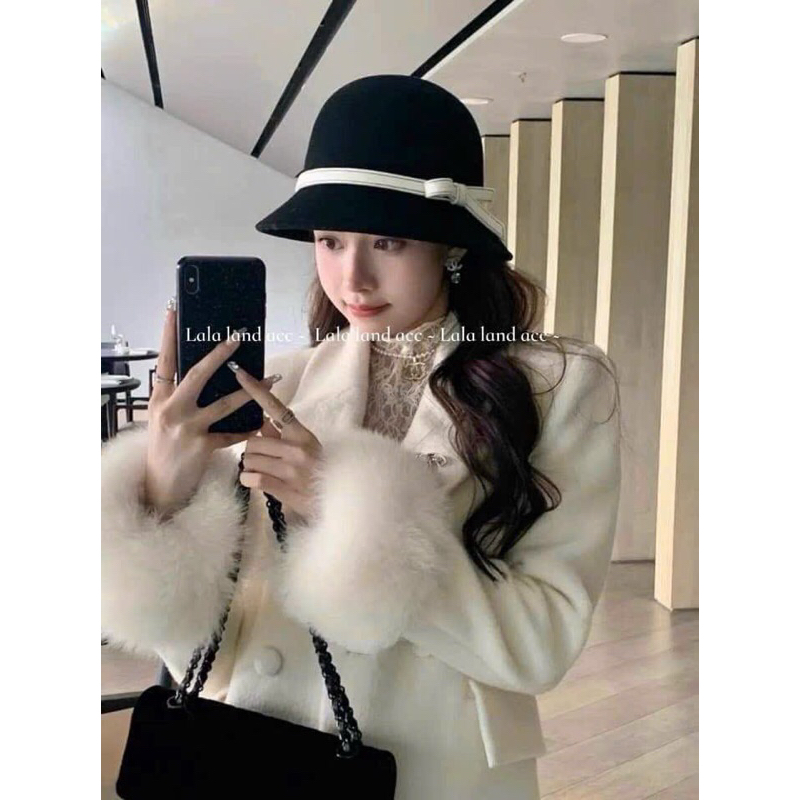 Mũ dạ ép nơ kẻ tiểu thư phong cách Vintage mẫu mới nhất mùa đông 2023