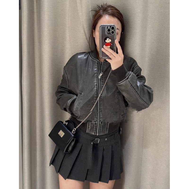 Áo khoác da bomber dáng ngắn Zara xuất A246