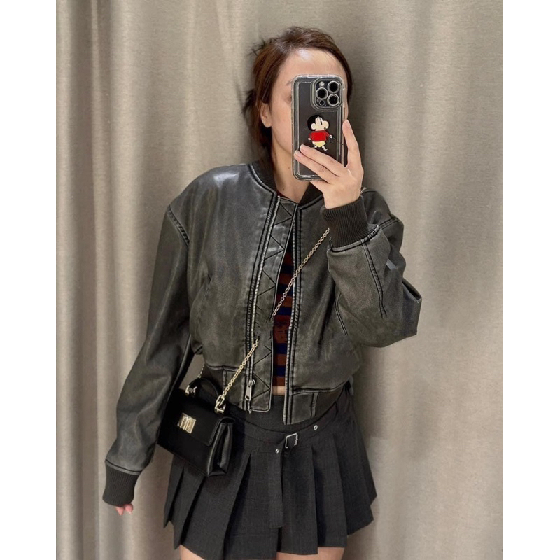 Áo khoác da bomber dáng ngắn Zara xuất A246