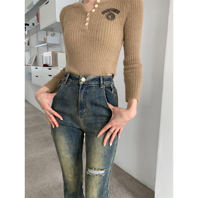 Quần Jeans Nữ Ống Loe Rách Gối , Quần Bò Nữ Xanh Cổ Điển Siêu Xinh TL01 | BigBuy360 - bigbuy360.vn