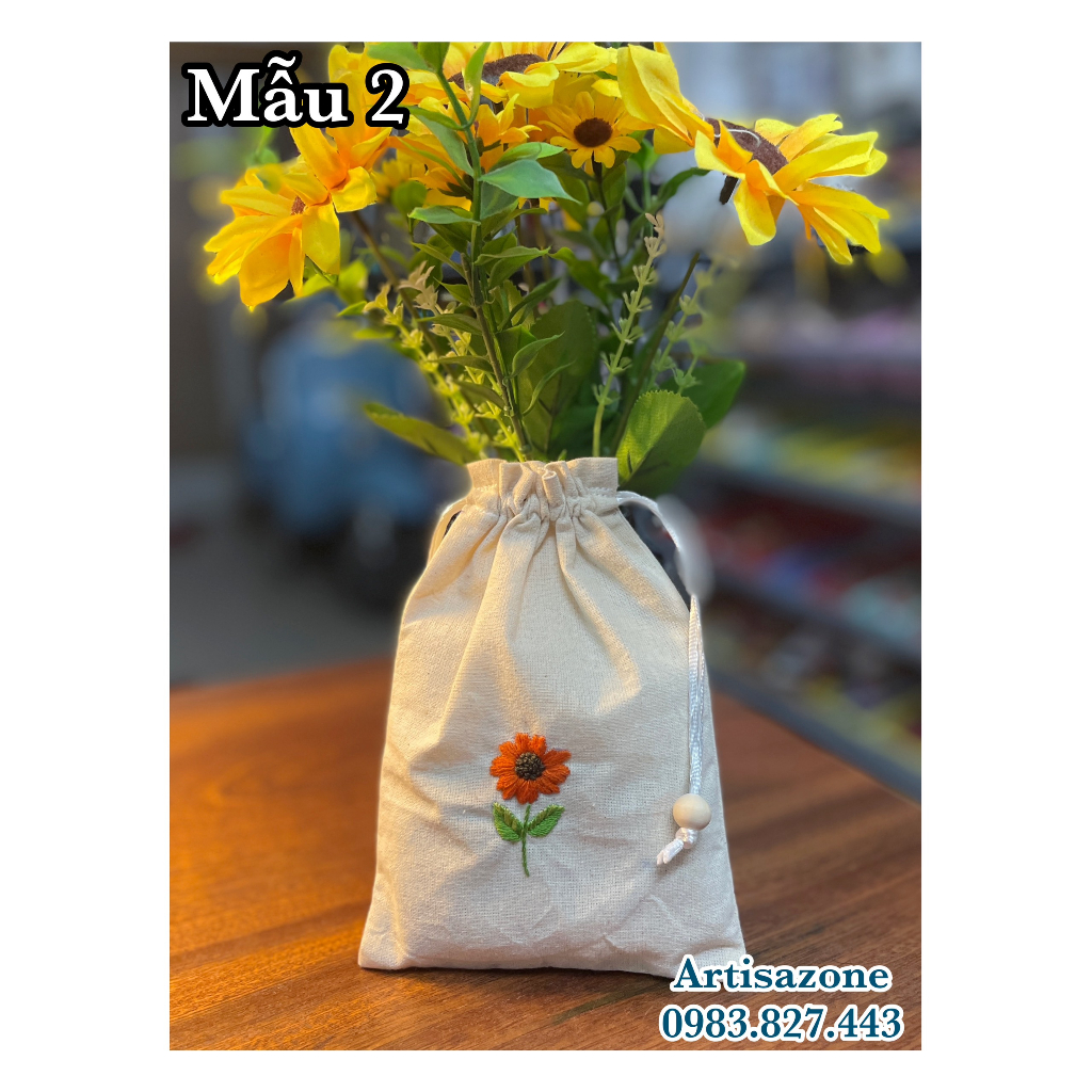 Túi vải dây rút thêu hoa mini, kích thước: 18cm x 12cm  - 01 chiếc -