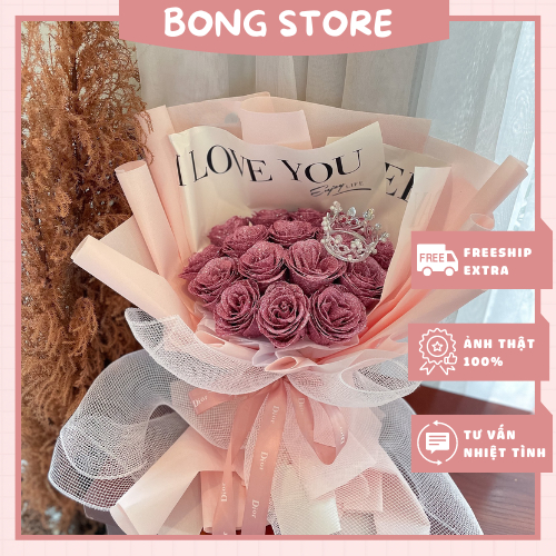 Bó hoa nhũ kim tuyến 15- 19 bông màu hồng nude siêu sang gói giấy xốp Hàn không nhăn, quà tặng sinh nhật, 14/2, 8/3