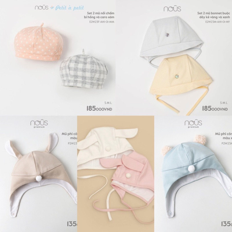 Các set mũ cao cấp Nous Nous bé size từ sơ sinh tới 24M