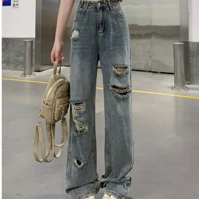 A02 Quần Jeans nữ ống suông rách gối, Quần bò nữ dáng suông rách gối cá tính màu xanh bạc retro, phối đồ cực xinh