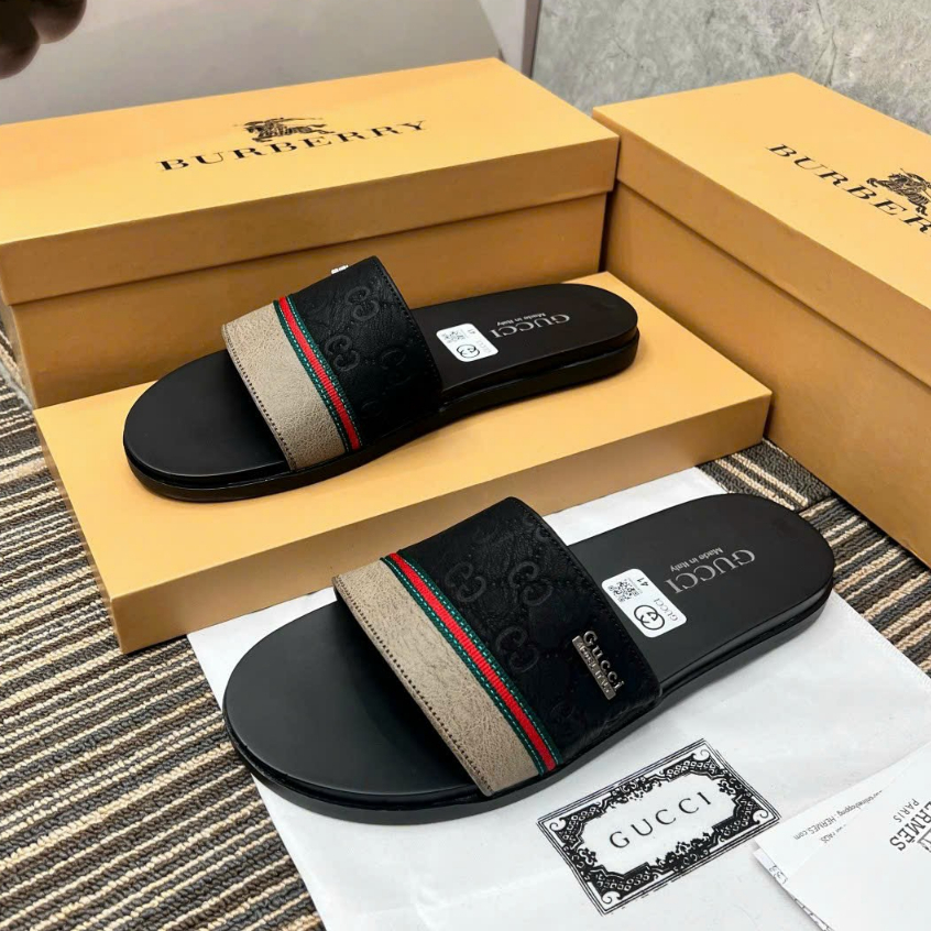 Dép Da Nam quai ngang nam full Box LOGO khắc chìm _Dép lê nam đế chống trơn