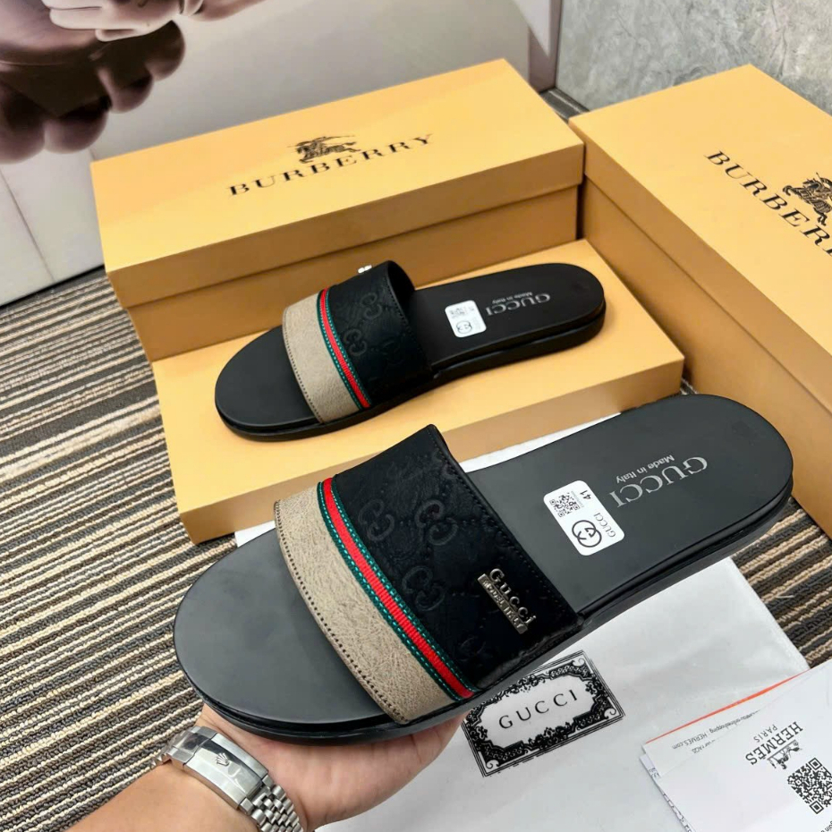 Dép Da Nam quai ngang nam full Box LOGO khắc chìm _Dép lê nam đế chống trơn