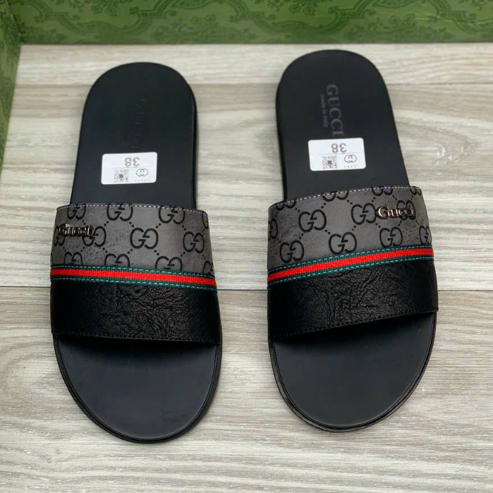 Dép Da Nam quai ngang nam full Box LOGO khắc chìm _Dép lê nam đế chống trơn