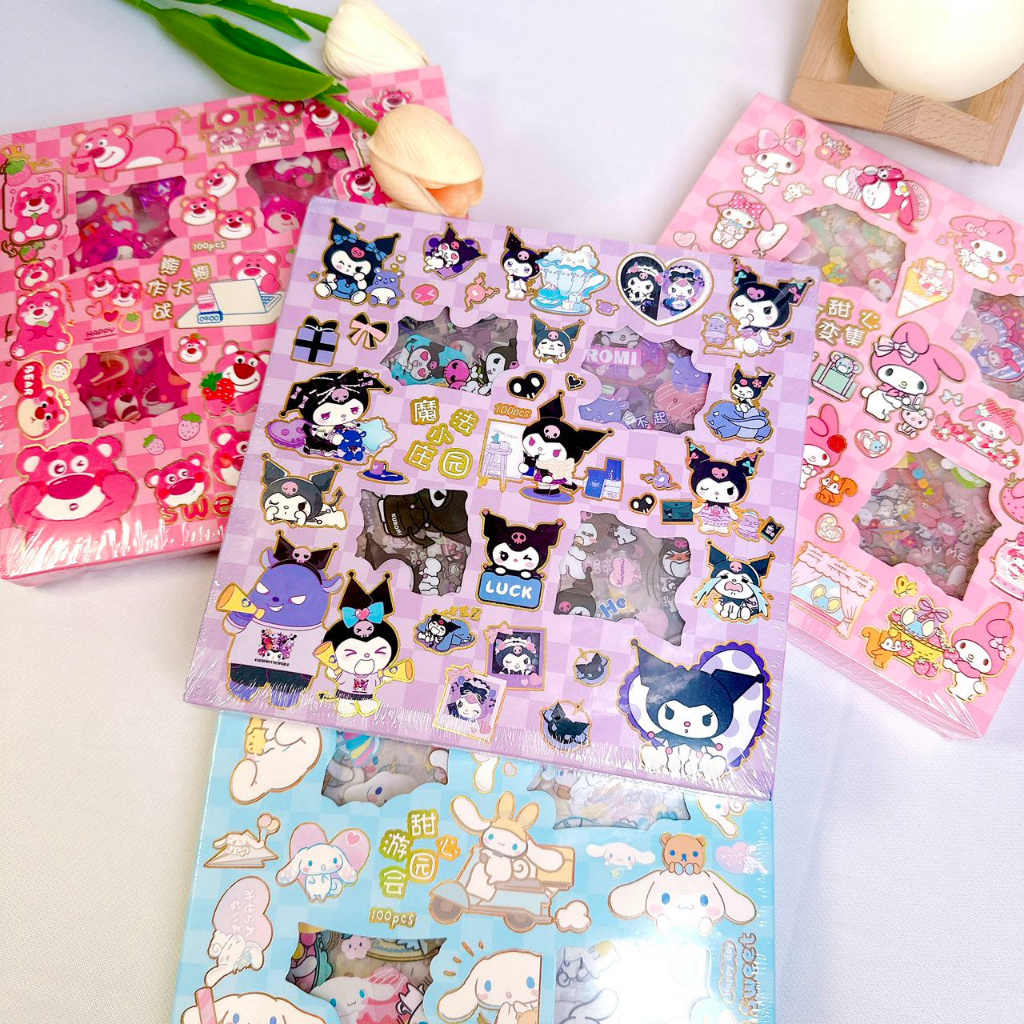Hộp 100 tấm sticker cute trang trí dán tập vở, bình nước, bút nước