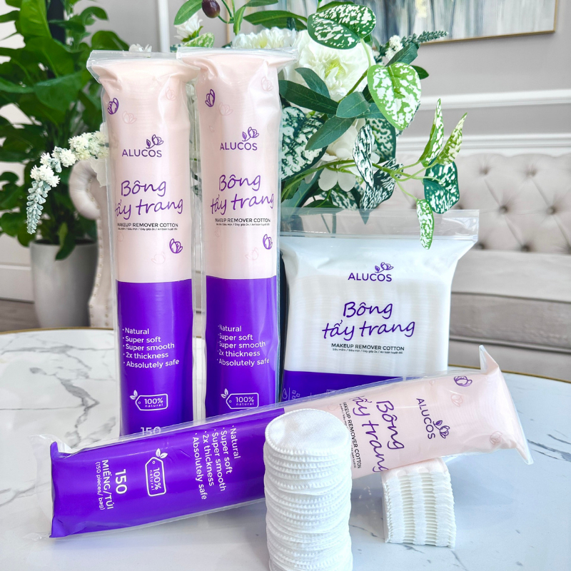 Bông tẩy trang 150 miếng, bông tẩy trang tròn Alucos dày dặn, mềm dai - dùng cực thích