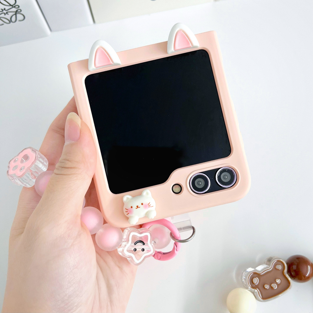Ốp Lưng Samsung Z Flip 5 tai gấu, mèo siêu cute gắn Charm gấu mèo kèm dây xách siêu xinh  Z Flip5/ ZFlip 5