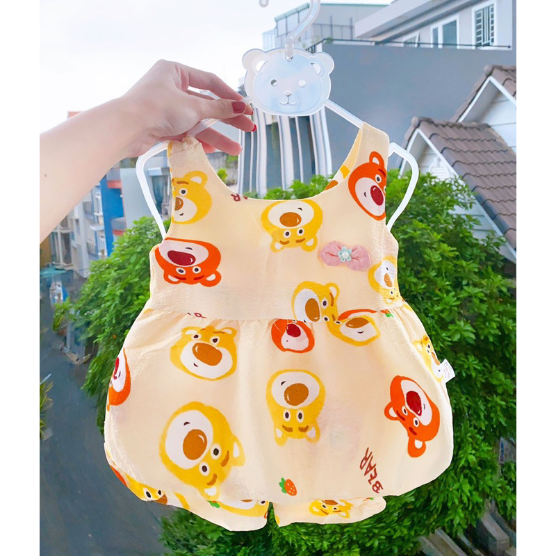 Bộ bé gái baby doll họa tiết dễ thương đính nơ họa tiết hoạt hình vải đũi thái mềm mại từ 3-16kg