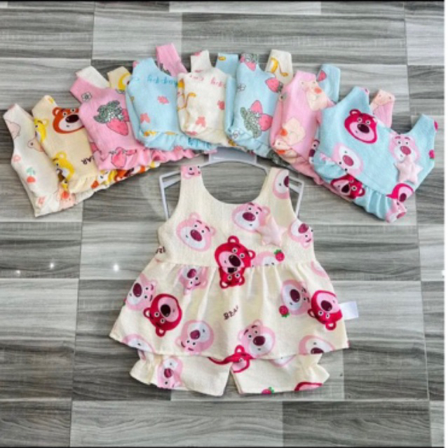 Bộ bé gái baby doll họa tiết dễ thương đính nơ họa tiết hoạt hình vải đũi thái mềm mại từ 3-16kg