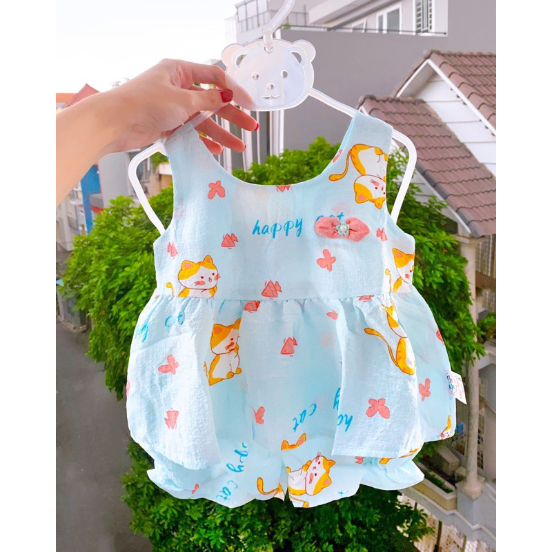 Bộ bé gái baby doll họa tiết dễ thương đính nơ họa tiết hoạt hình vải đũi thái mềm mại từ 3-16kg