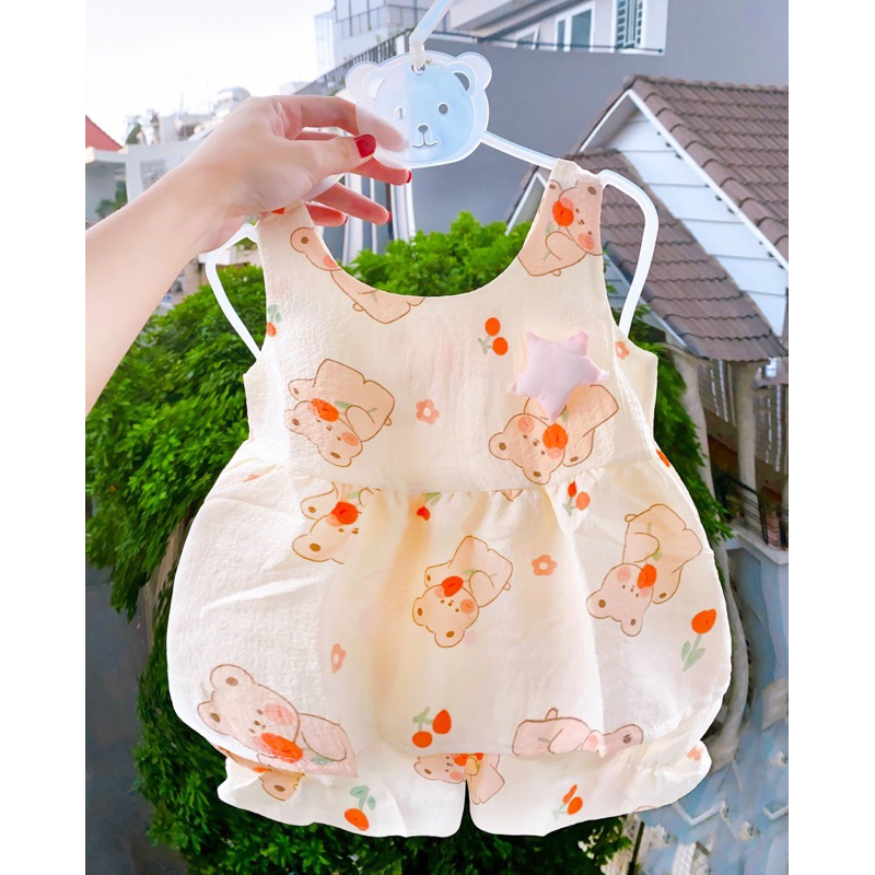 Bộ bé gái baby doll họa tiết dễ thương đính nơ họa tiết hoạt hình vải đũi thái mềm mại từ 3-16kg