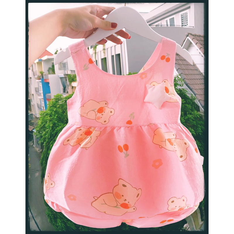 Bộ bé gái baby doll họa tiết dễ thương đính nơ họa tiết hoạt hình vải đũi thái mềm mại từ 3-16kg