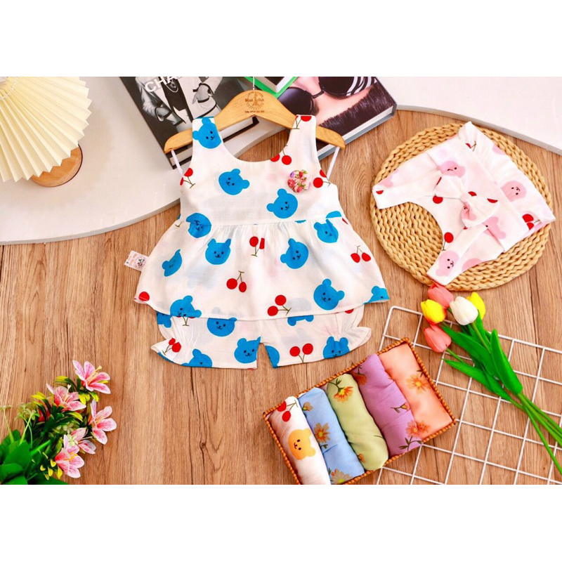 Bộ bé gái baby doll họa tiết dễ thương đính nơ họa tiết hoạt hình vải đũi thái mềm mại từ 3-16kg