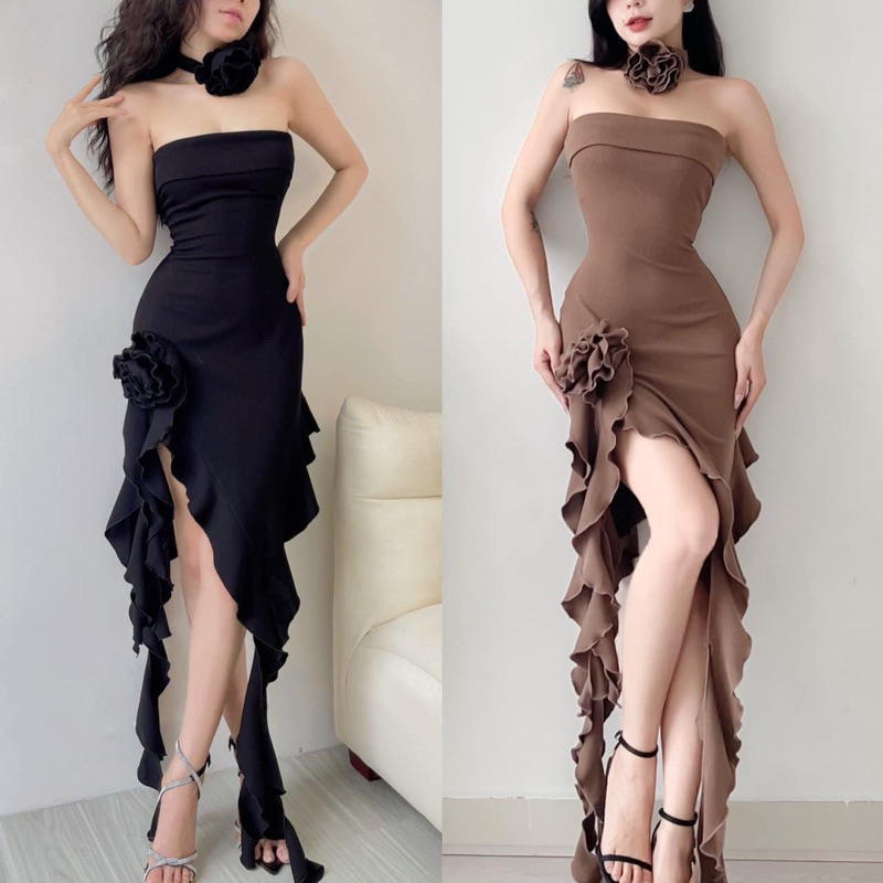 Đầm Body Cúp Tua Rua Hoa Hồng Dáng Tua Dài Sịn