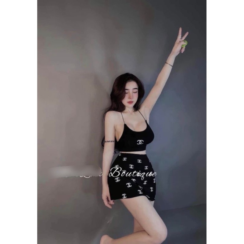 Set áo yếm in chà meo kèm váy ngắn sexy chất bozip mềm