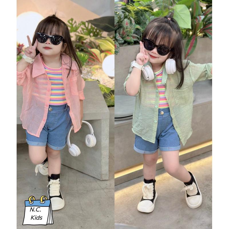 Set 3ct sơ mi đũi kèm áo tăm bé gái