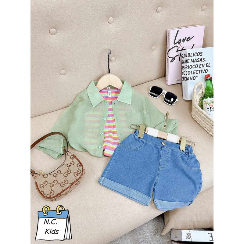 Set 3ct sơ mi đũi kèm áo tăm bé gái