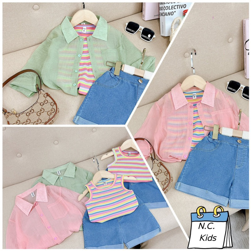 Set 3ct sơ mi đũi kèm áo tăm bé gái