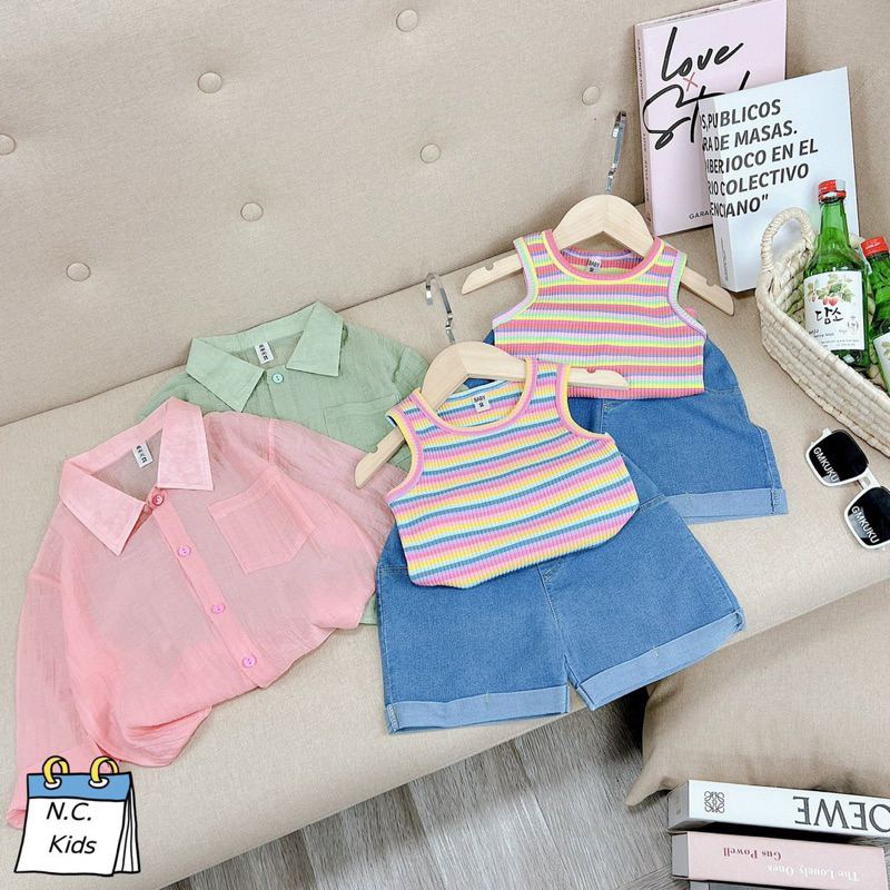 Set 3ct sơ mi đũi kèm áo tăm bé gái