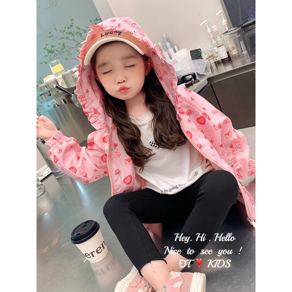 Áo khoác gió 2 lớp thu - đông in họa tiết hoạt hình xinh xắn cho bé gái 8-28kg