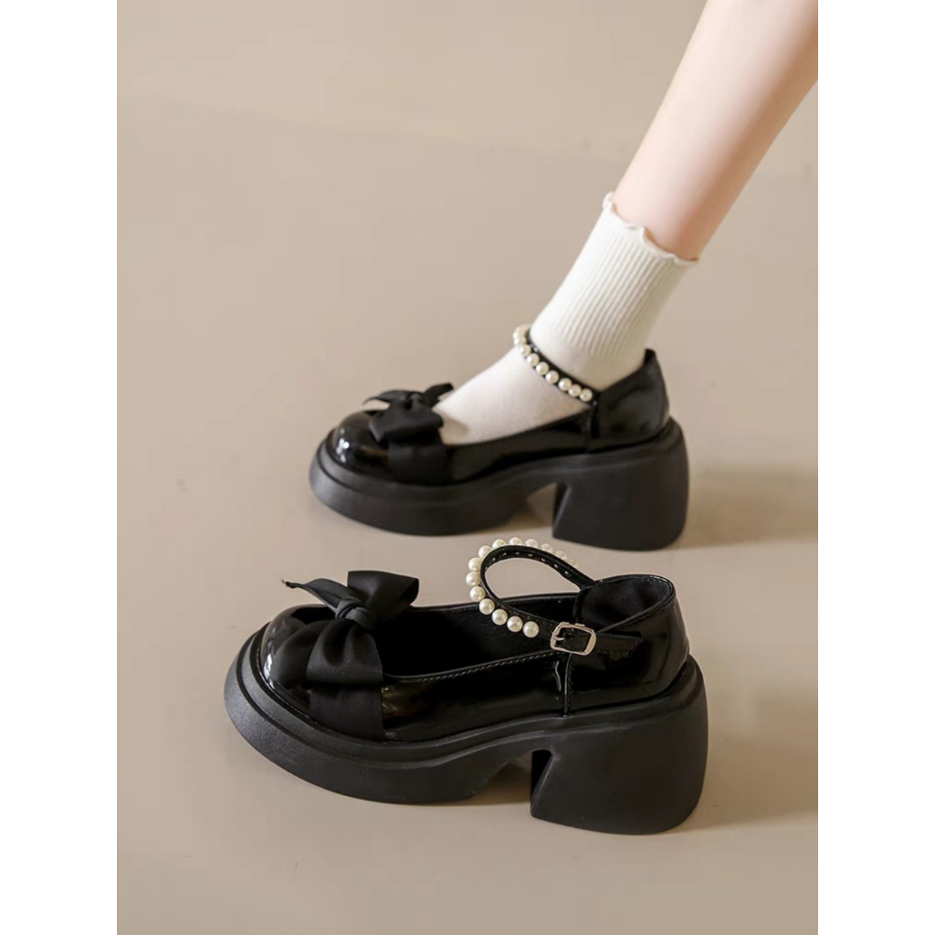Giày Lolita Nữ Mary Quai Ngọc Hột Soàn Cài Thời Trang Phối Nơ Màu Đen/Kem Hot Mới Học Sinh Đi Chơi Xinh Đẹp