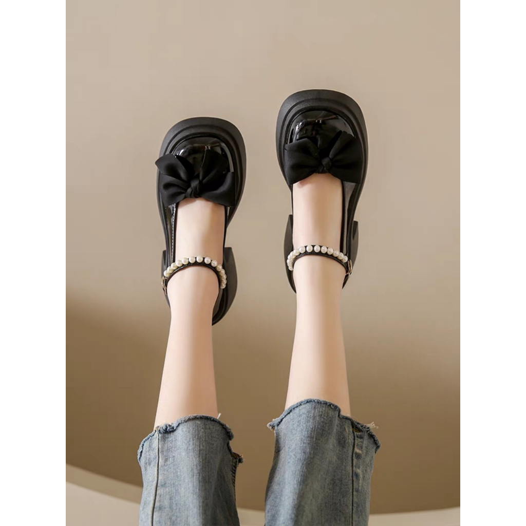 Giày Lolita Nữ Mary Quai Ngọc Hột Soàn Cài Thời Trang Phối Nơ Màu Đen/Kem Hot Mới Học Sinh Đi Chơi Xinh Đẹp